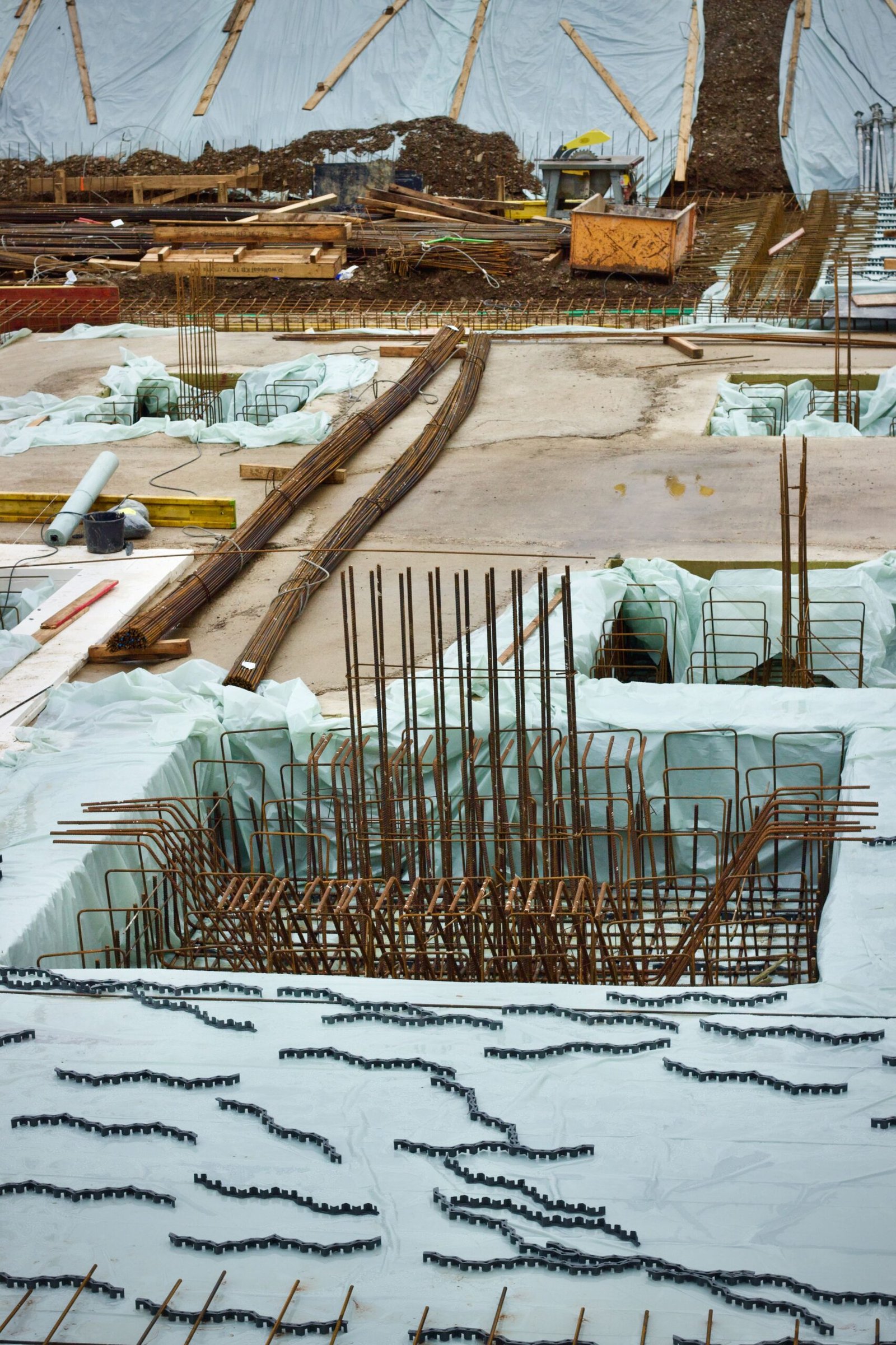 Building foundation under structural rehabilitation with steel rebar reinforcement